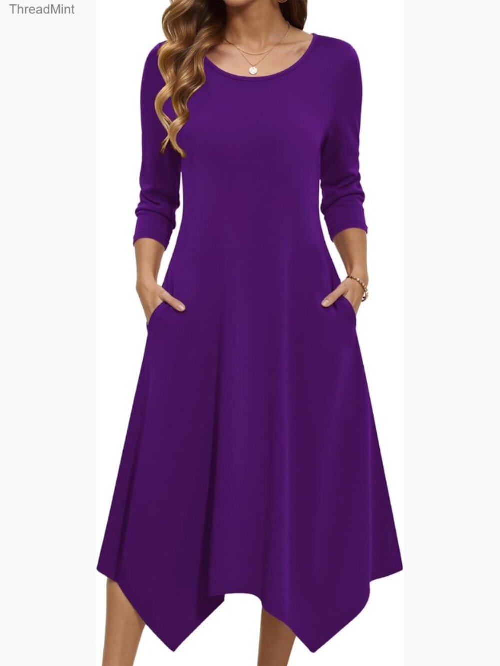 3/4 Sleeve A-Line Midi Dress with Pockets Flowy Summer Beach Sundress